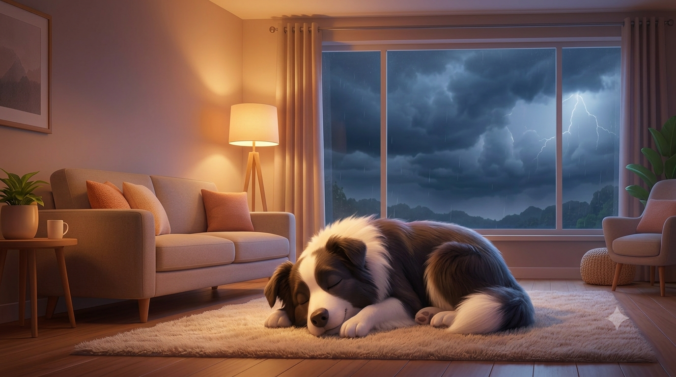 A border collie sleeping peacefully on a rug indoors while a thunderstorm rages outside the window