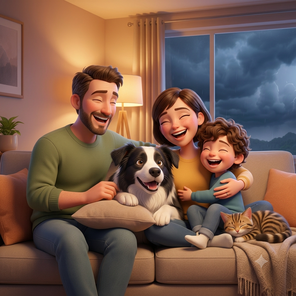 The PawWarning family — a couple, their young son, a border collie and a tabby kitten curled up on the sofa as a storm passes outside
